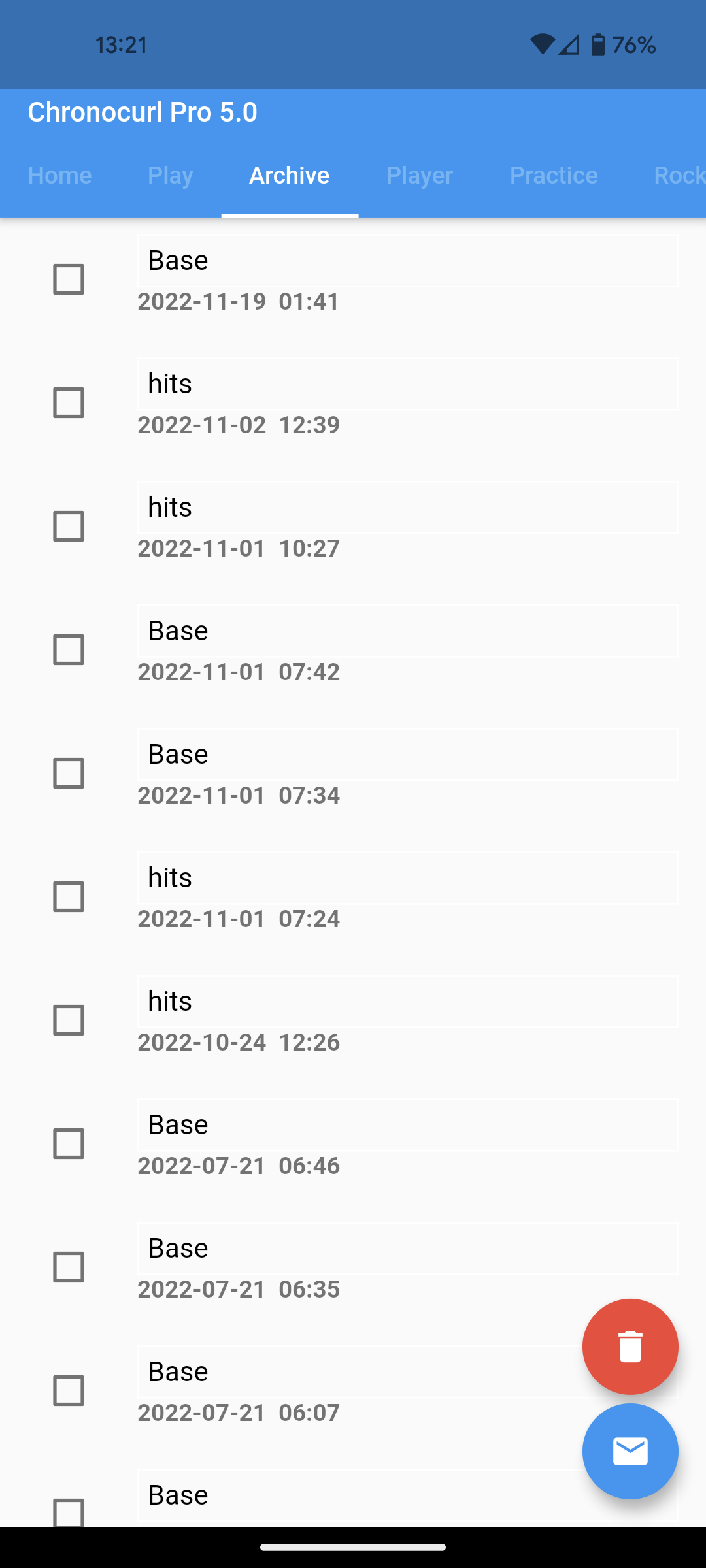 List of practices recorded in the Archive tab
