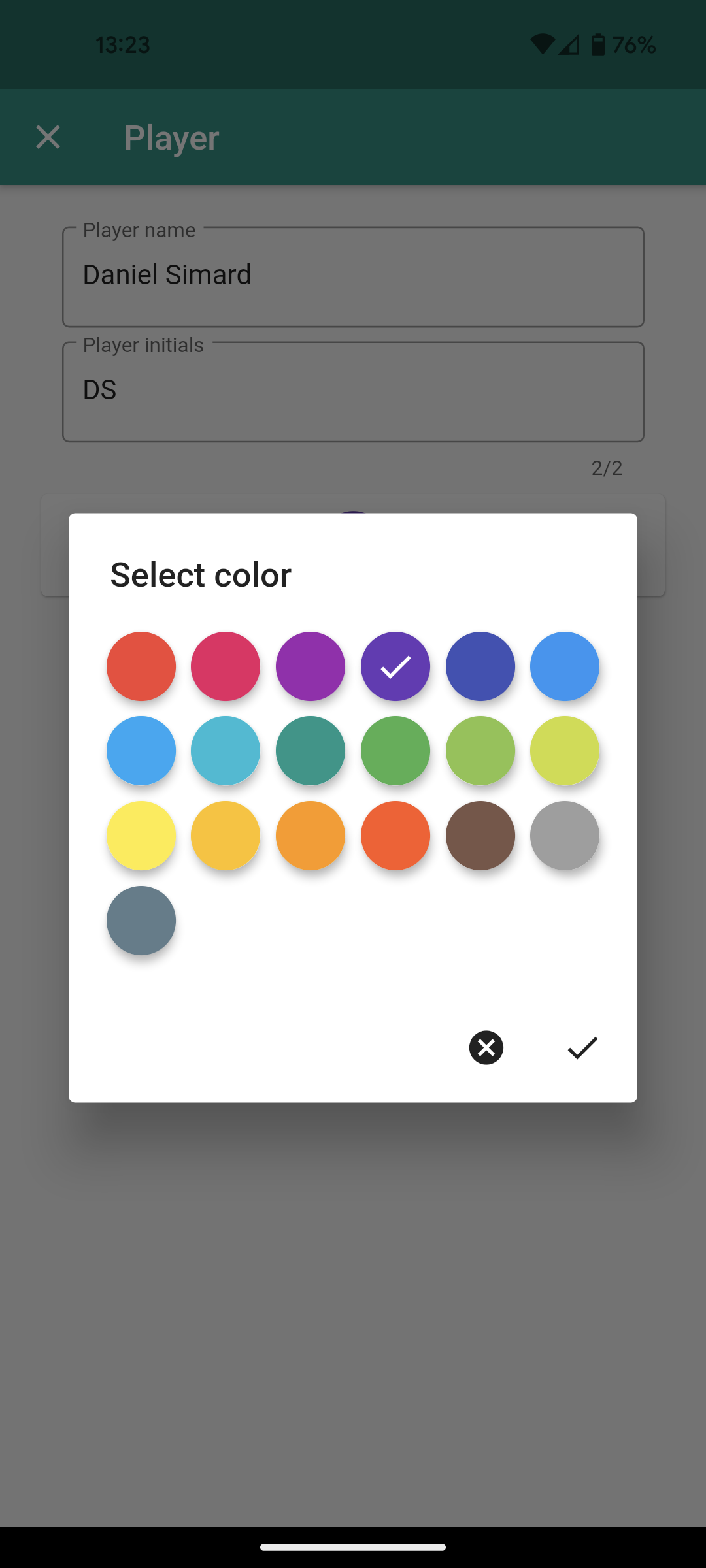 Selecting a color for the player